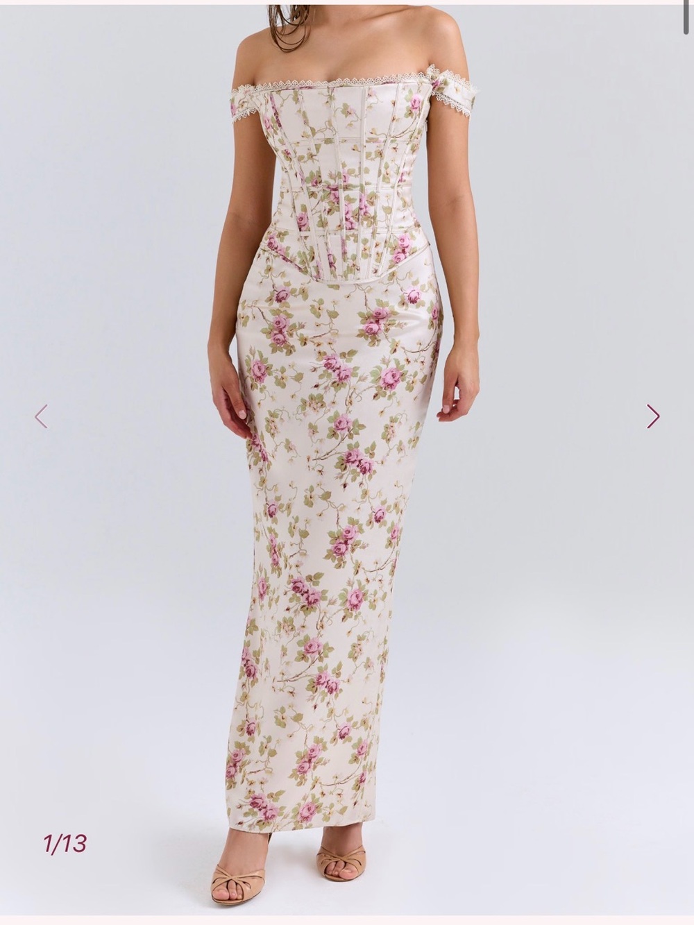 House of CB - ISIS Vintage Cream Floral Print Corset Maxi Dress, Size Large